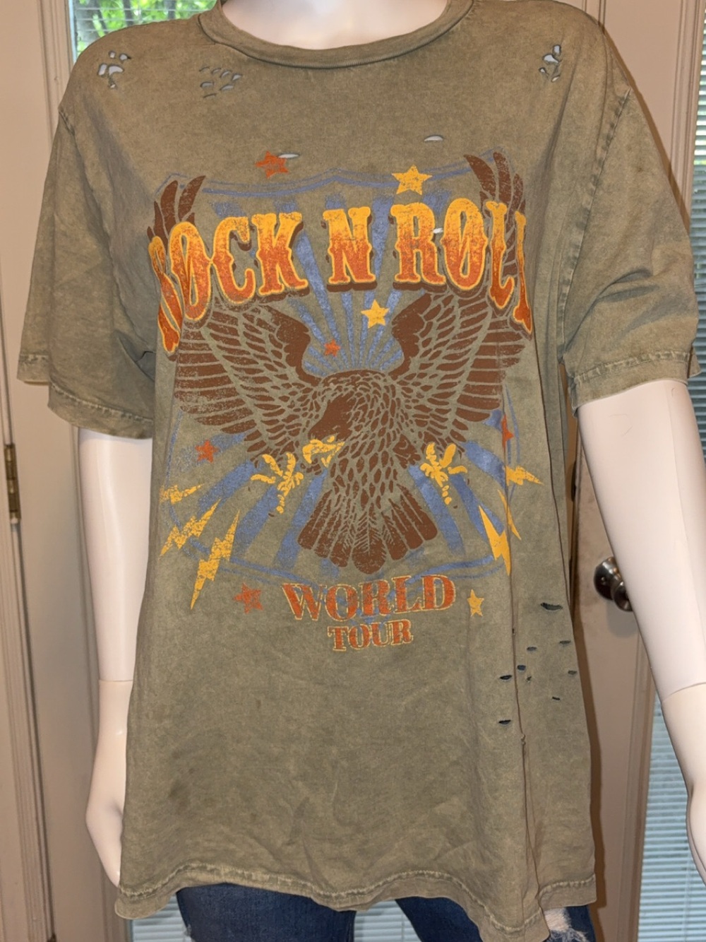Vintage-Inspired Olive Green Rock N' Roll World Tour T-Shirt